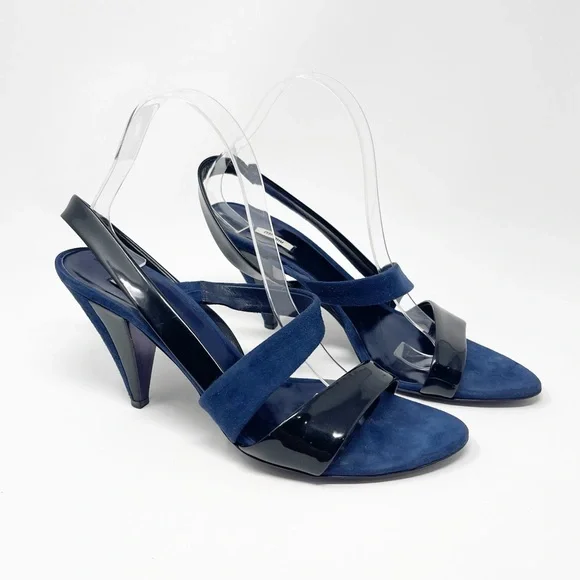 Miu Miu Navy Black Suede Patent Leather Slingback Sandals Heels 39.5 - Picture 2 of 11